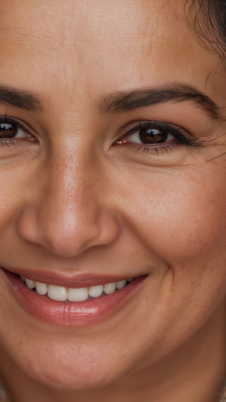 Vertical video: Camera starting, woman smiling speaking to camera shifting lips, neutral backdrop