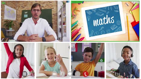 Animation-Von-Sechs-Bildschirmen-Mit-Verschiedenen-Texten-Für-Kinder,-Lehrer-Und-Mathematik-Während-Des-Online-Schulunterrichts