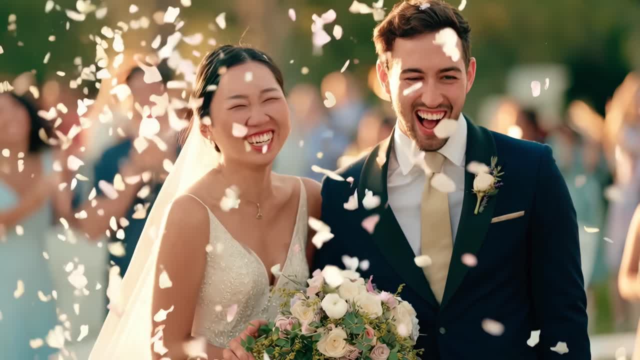 紙吹雪が舞う、喜びに満ちた結婚式のシーンをアイレベルで撮影。お祝いの動画に最適です。