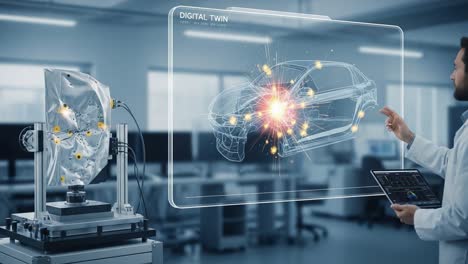 exploring the digital twin concept: a scientist interacting with a virtual model of a car, showcasing technology and innovation in automotive engineering