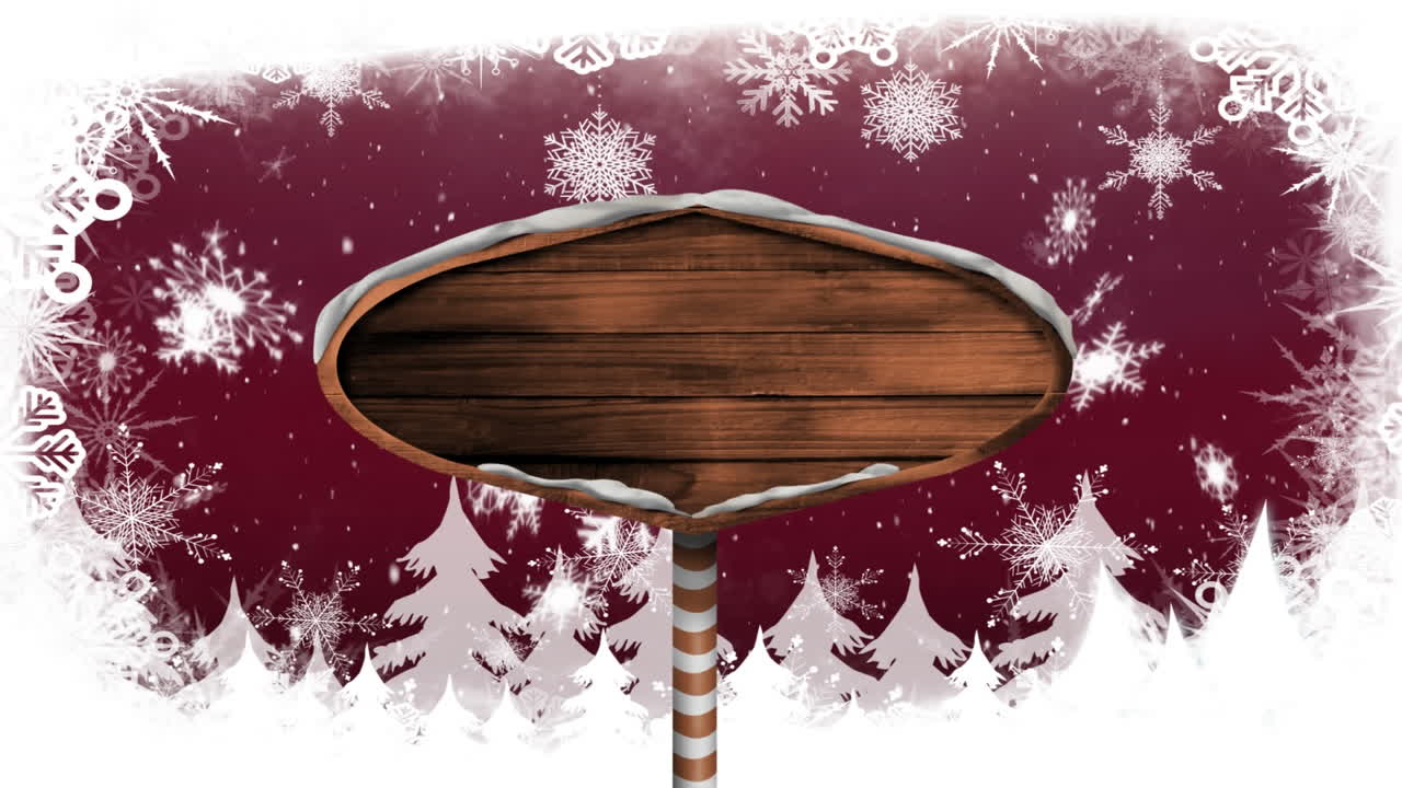 Snow falling and wooden sign board