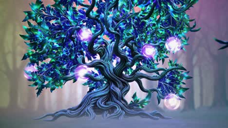 mystical fantasy tree with glowing orbs