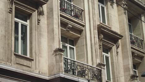 close-up of an ornate building facade with balconies