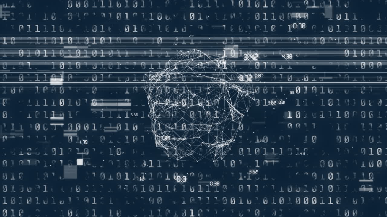 Animation of globe, data processing and binary code on navy background
