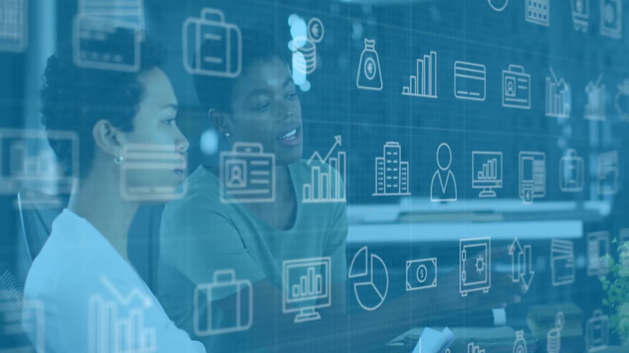 Animation of icons over diverse business people in office