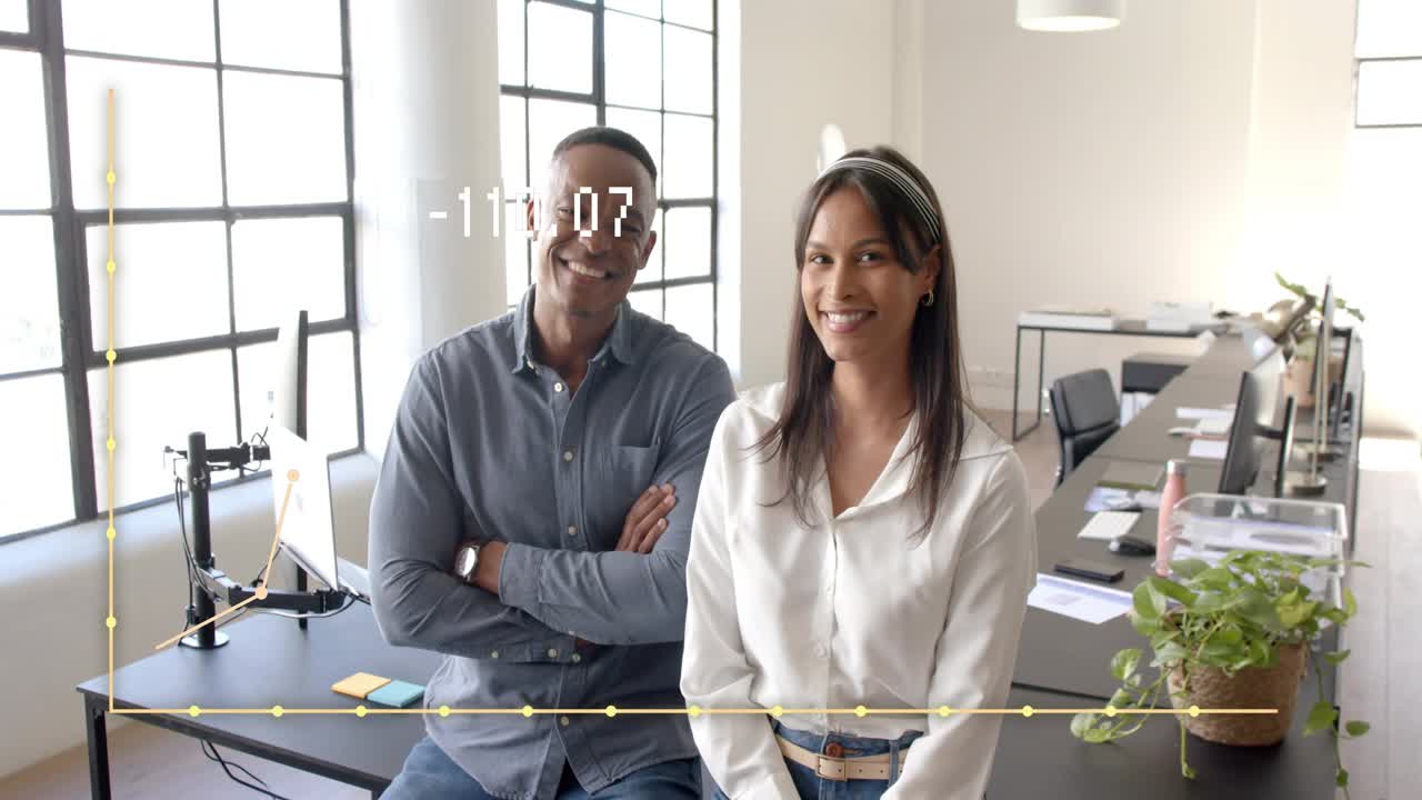Man and woman sitting on desk nodes appearing mapping torsos face numbers updating for biz smiling