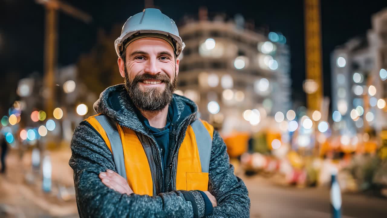 Nighttime Construction Scene Featuring a Smiling Worker in Safety Gear, Showcasing a Positive Work Environment and Urban Development with Blurred Lights in the Background