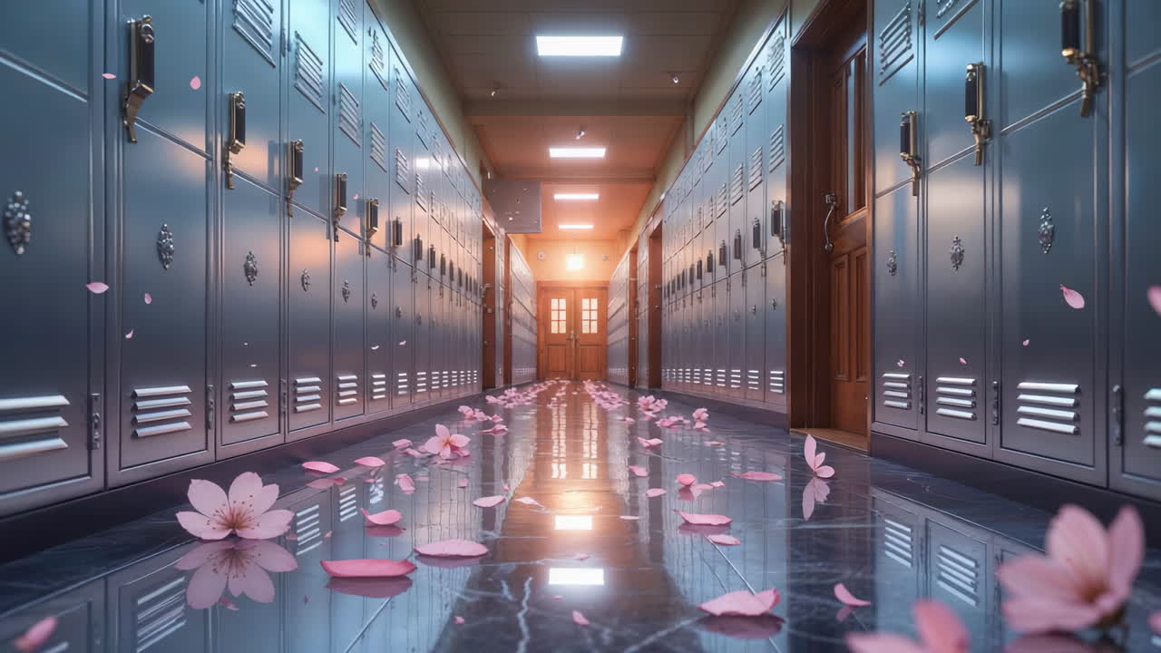 Empty School Hallway with Pink Petals Scattered on the Floor