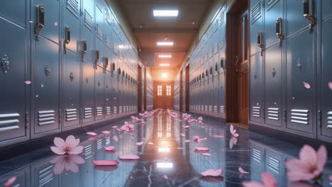 empty school hallway with pink petals scattered on the floor