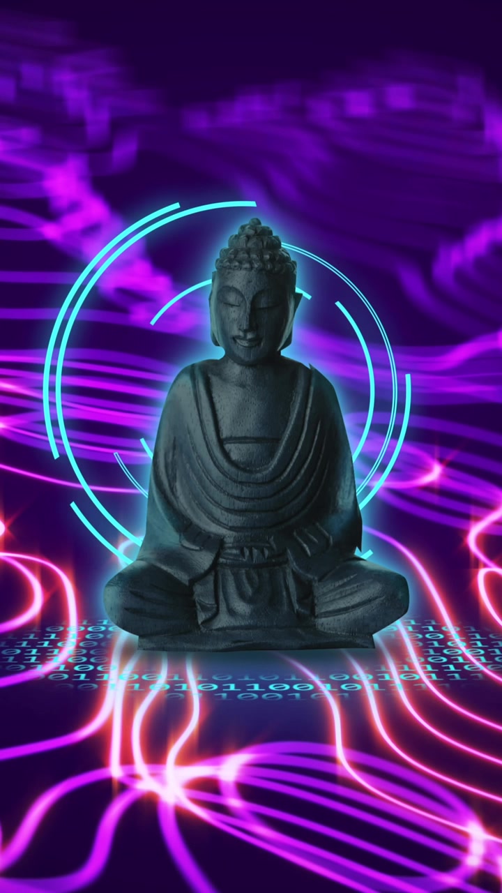 Animazione di statua di Buddha, elaborazione dati e rete di connessioni