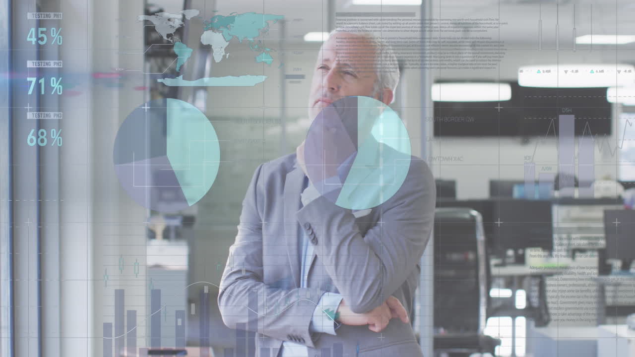 사무실 창문으로 바라보는 사려 깊은 백인 남성에 대한 인포그래픽 인터페이스의 애니메이션