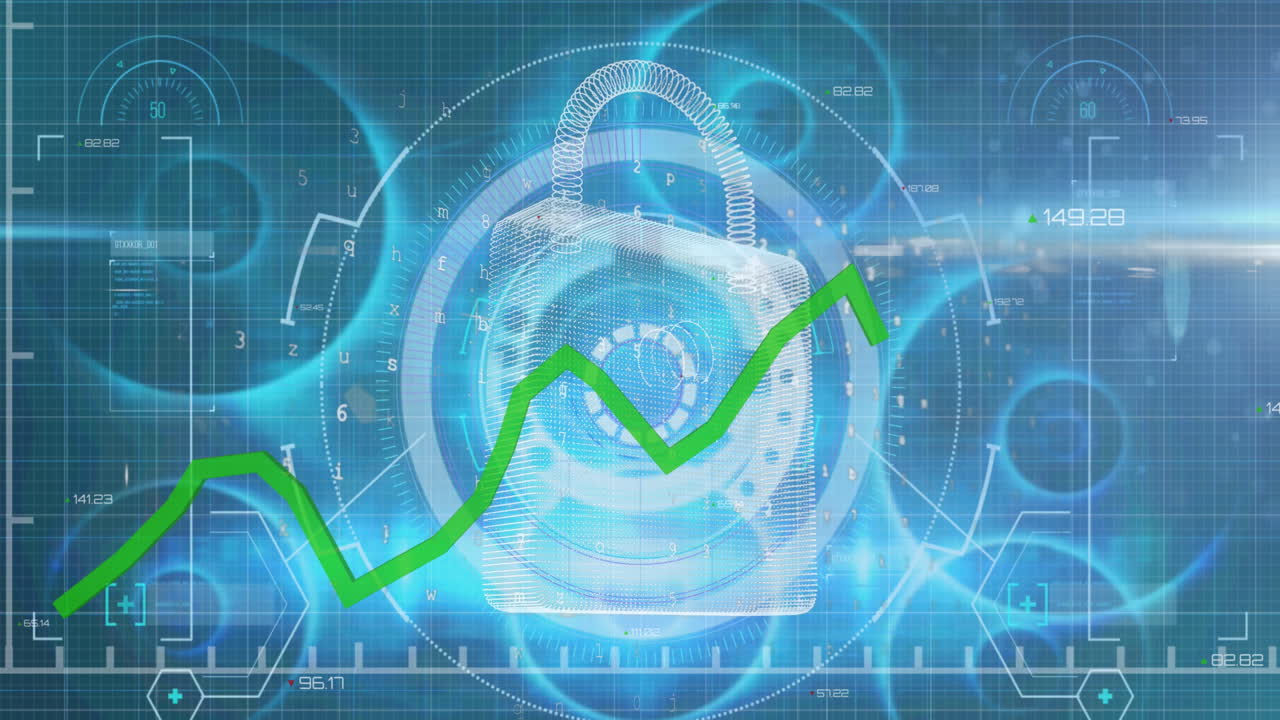 파란색 배경에 디지털  ⁇ 락 위에 금융 데이터와 그래프의 애니메이션