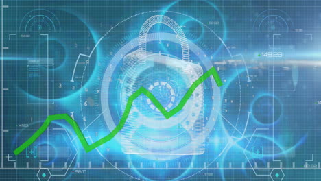 animación de datos financieros y gráficos sobre un candado digital sobre un fondo azul