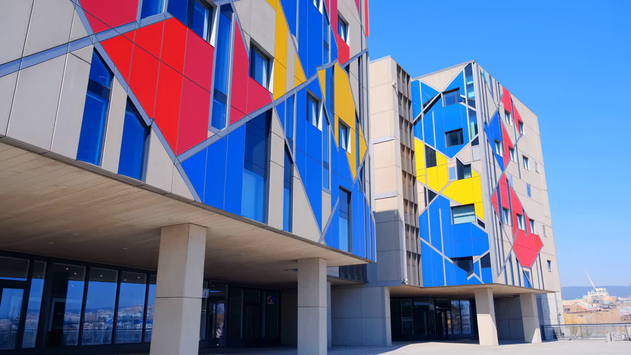 Panoramica verso l'alto di un edificio moderno con facciata geometrica colorata
