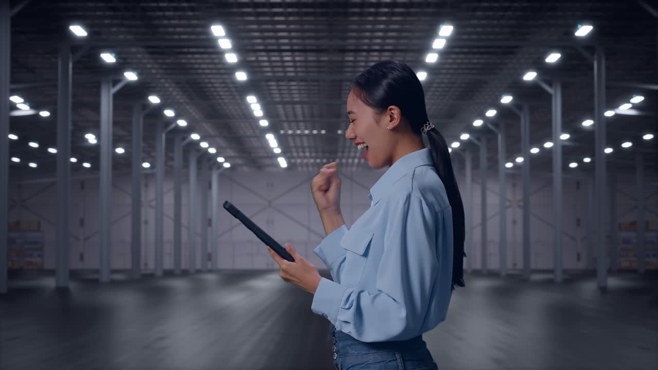 Side View Of Asian Female With Her Tablet in Empty Modern Warehouse, She Raises Her Fist Up With Screaming Goal After Check On The Tablet
