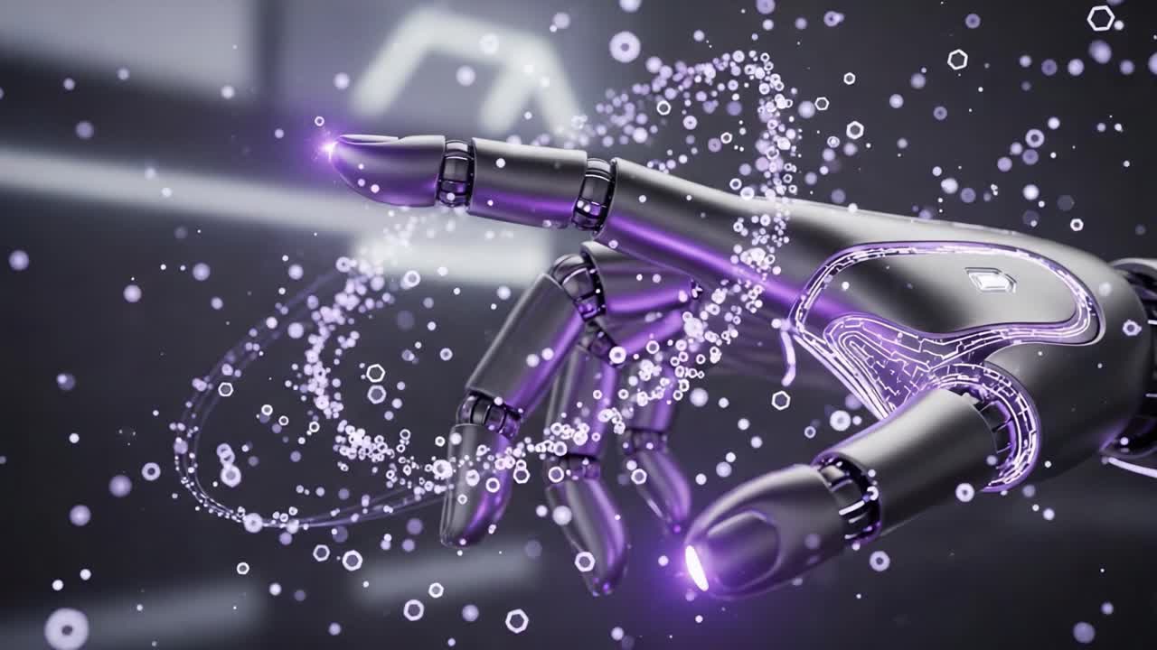 A Futuristic Robotic Hand Reaching Out: Glowing Circuits and Elegant Movements in a Digital Universe of Energy and Innovation