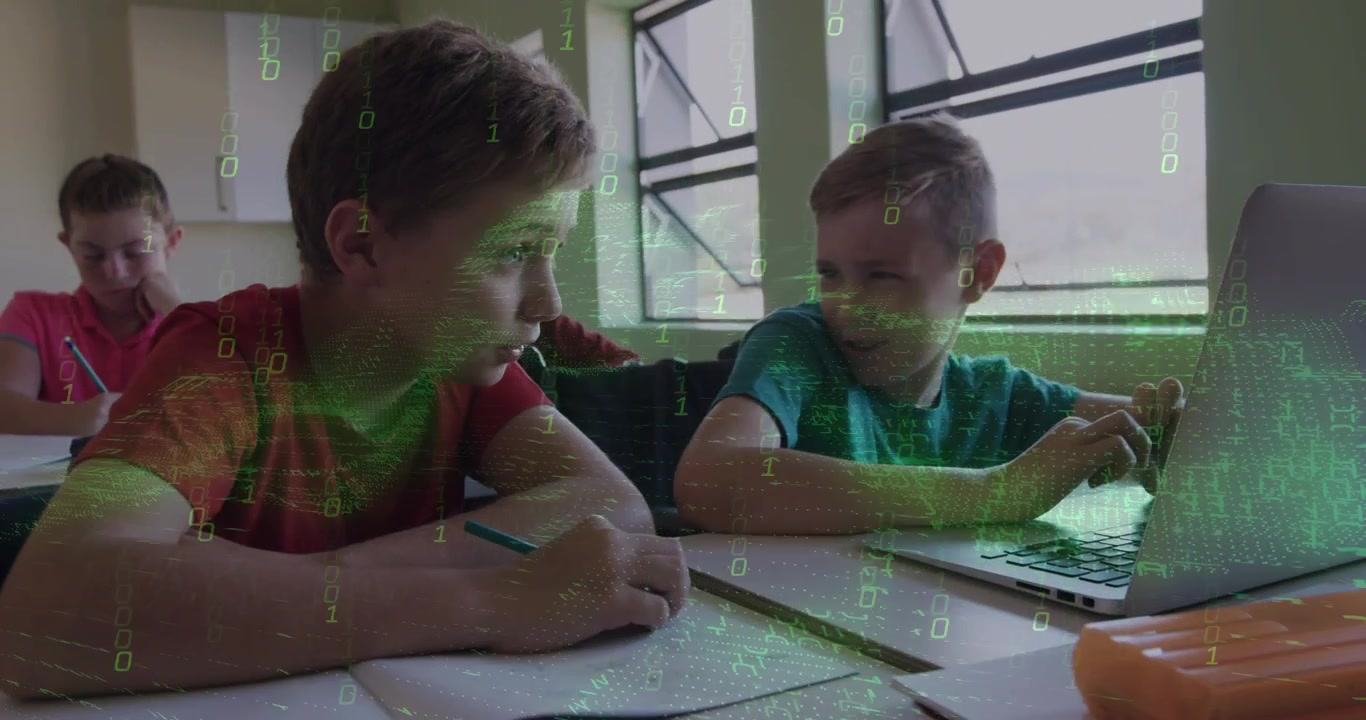 Right student tapping laptop, left peer glancing up then joining, green overlay supporting learning