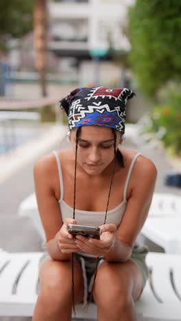 young woman using phone by the pool