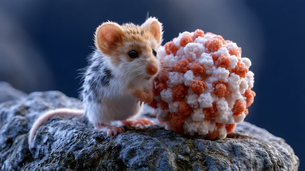 Un simpatico topo con un modello di virus colorato su una roccia, che fonde natura e scienza in una giocosa esposizione di curiosità e scoperta.