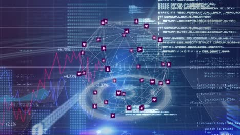 Animation-of-globe-with-networks-of-connections,-scope-scanning-and-data-processing