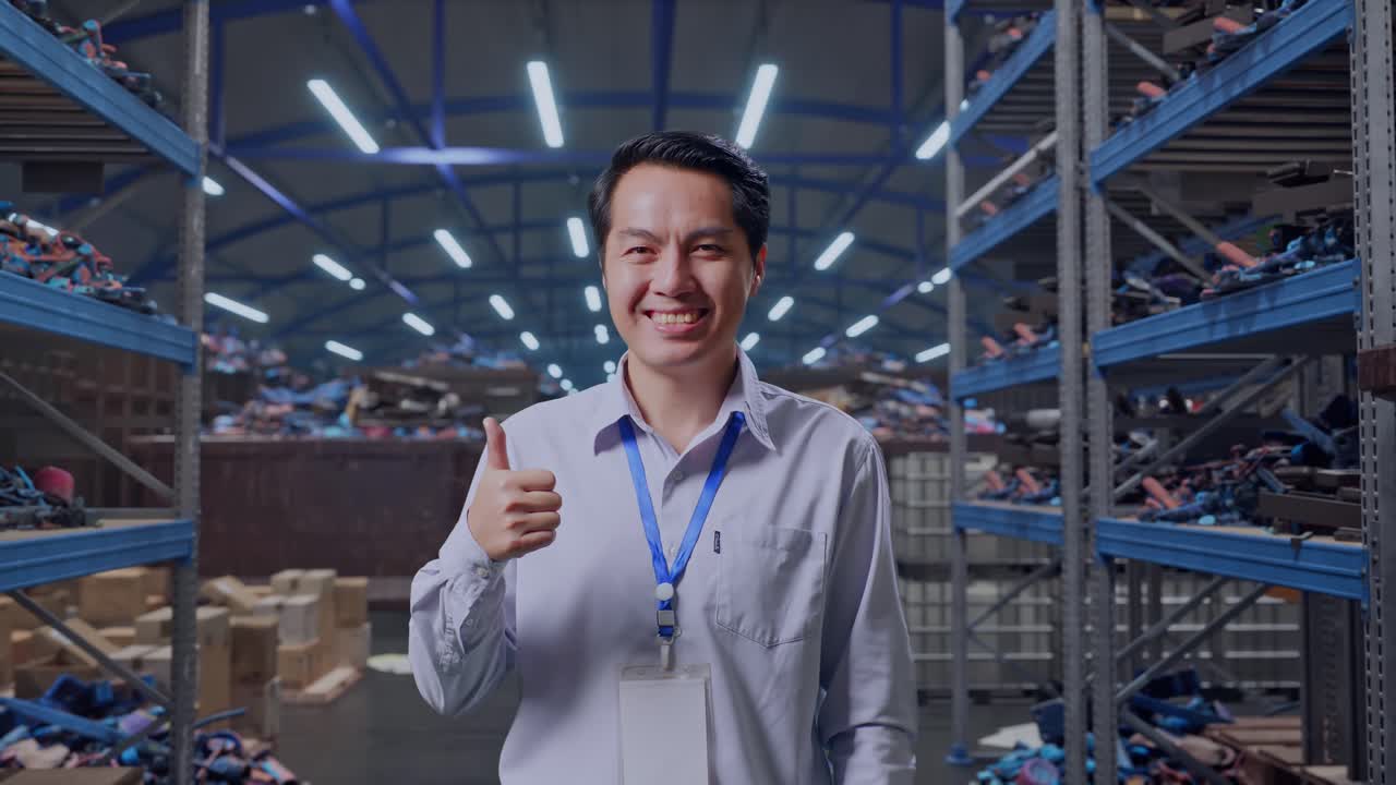 Toma que muestra a un trabajador profesional asiático de pie en un almacén industrial de chatarra y reciclaje, con una amplia sonrisa a la cámara y pulgares arriba.