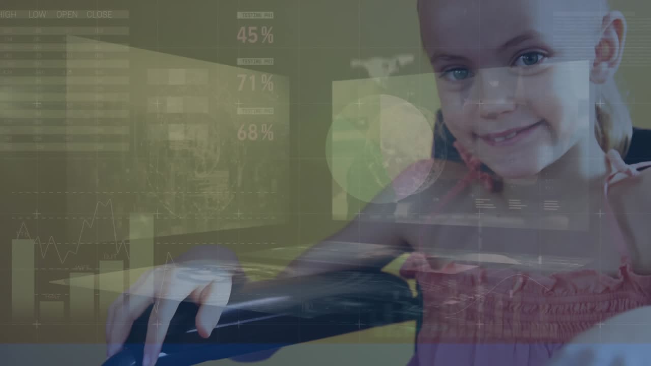 Animation of data processing over disabled caucasian schoolgirl sitting in wheelchair