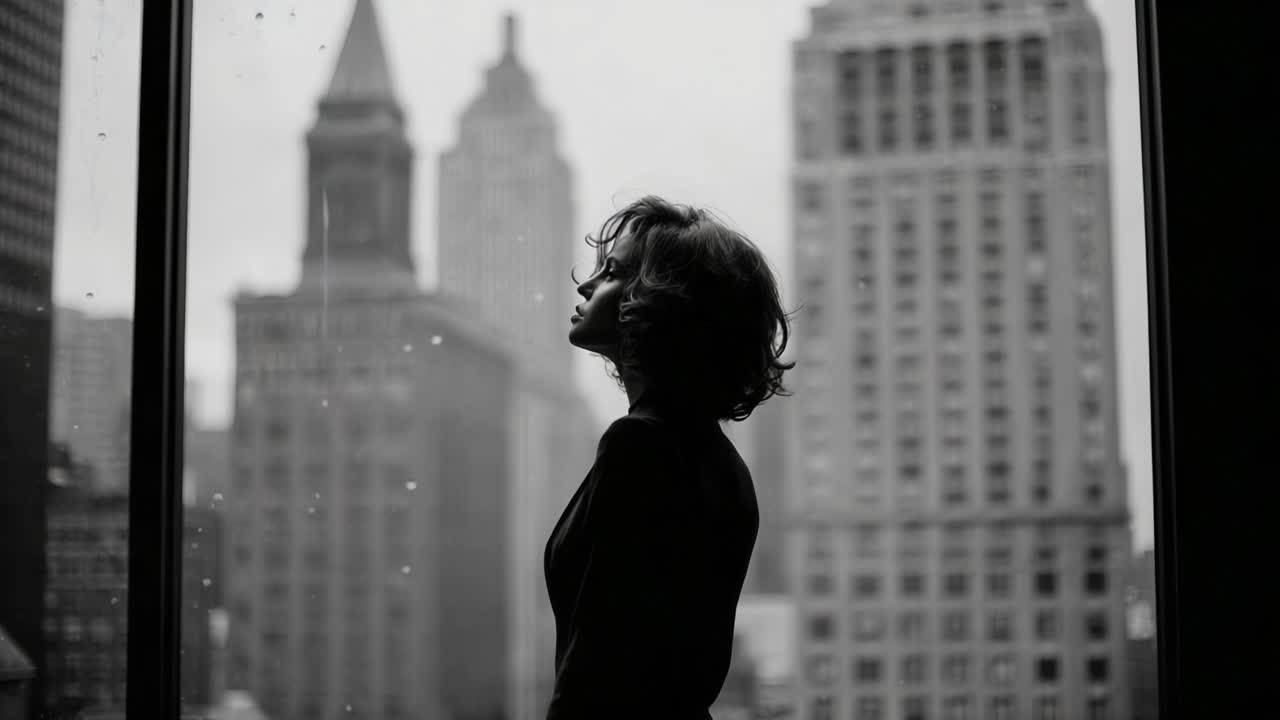A Contemplative Figure Silhouetted Against a Rainy Cityscape, Reflecting Emotions Amidst an Urban Backdrop of Historic Towers and Modern Architecture