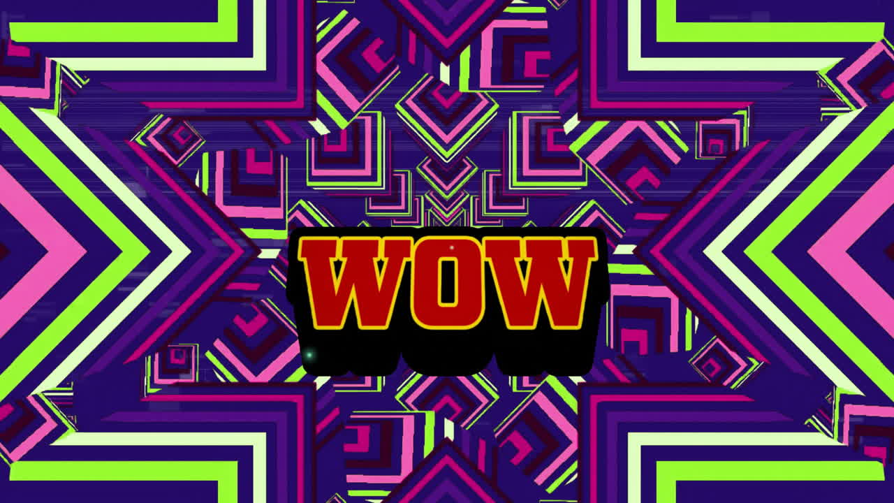 Wow text animation over colorful geometric patterns, creating vibrant visual effect