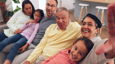 family, sofa selfie and children with grandparents