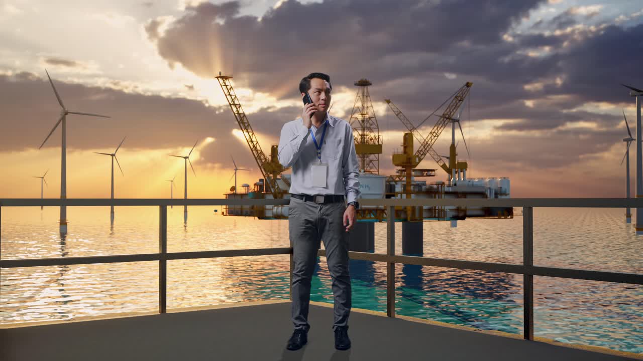 hombre de negocios en una plataforma petrolera al atardecer