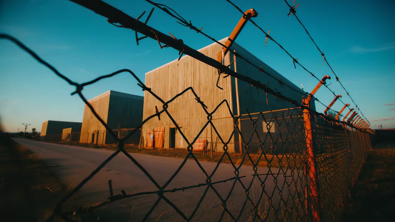 Starting recording, camera panning right to left across barbed chain link fence at warehouse yard
