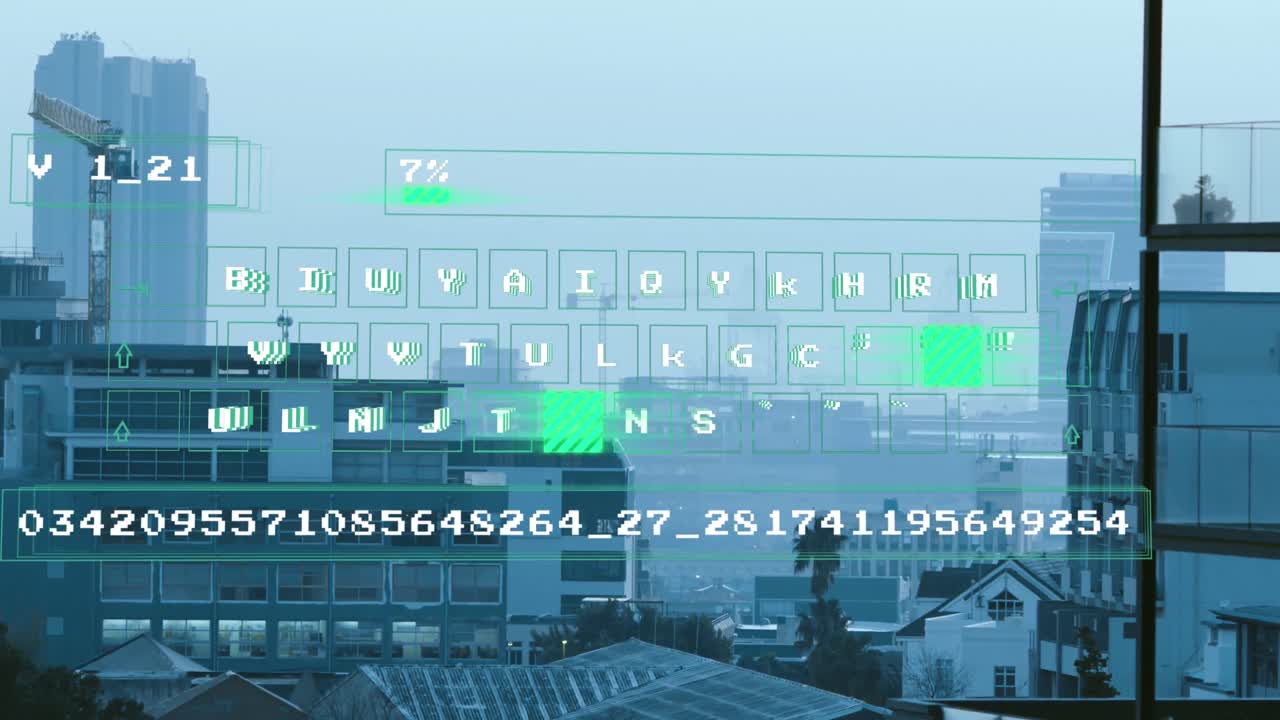 도시 풍경 위의 데이터 처리 애니메이션