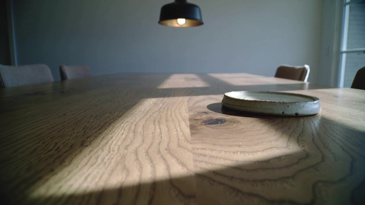 Shifting sunlight from window moving across wood dining table, coaster casting shadow, lamp glowing