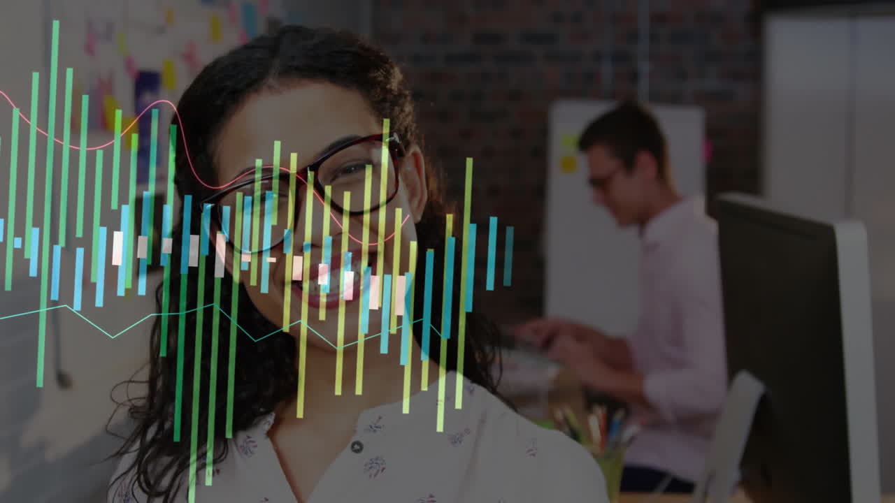 Female wearing glasses facing camera in business office, showing floating color bar and line charts