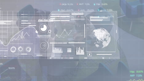 animation of interface with data processing against diverse businessman and businesswoman discussing