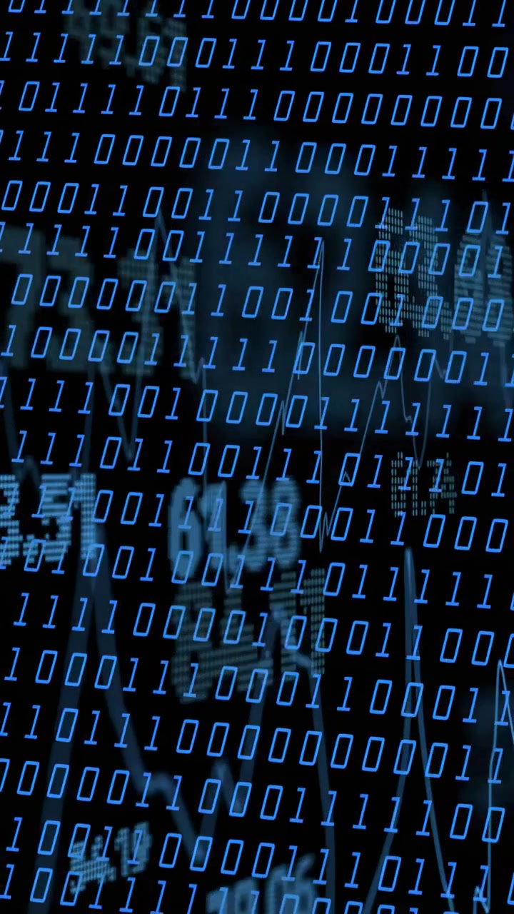 Vertical video: Scrolling blue binary digits revealing faint person and right data glyphs to inform