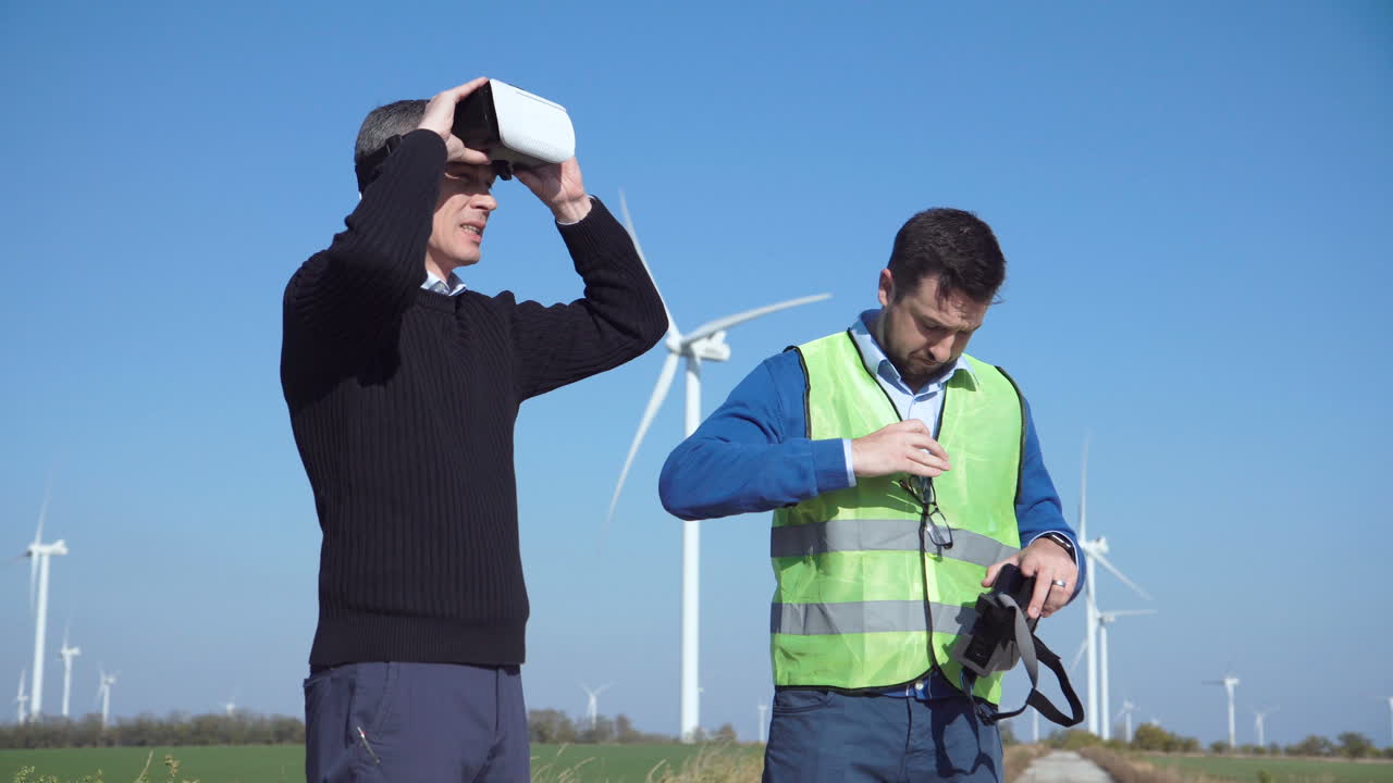 Engineers Inspecting Wind Turbines with VR