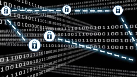 animación de codificación binaria, red de conexiones con candado de seguridad en línea sobre fondo oscuro