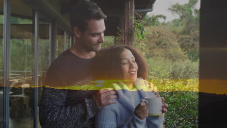 couple enjoying morning coffee on porch with sunrise animation overlay