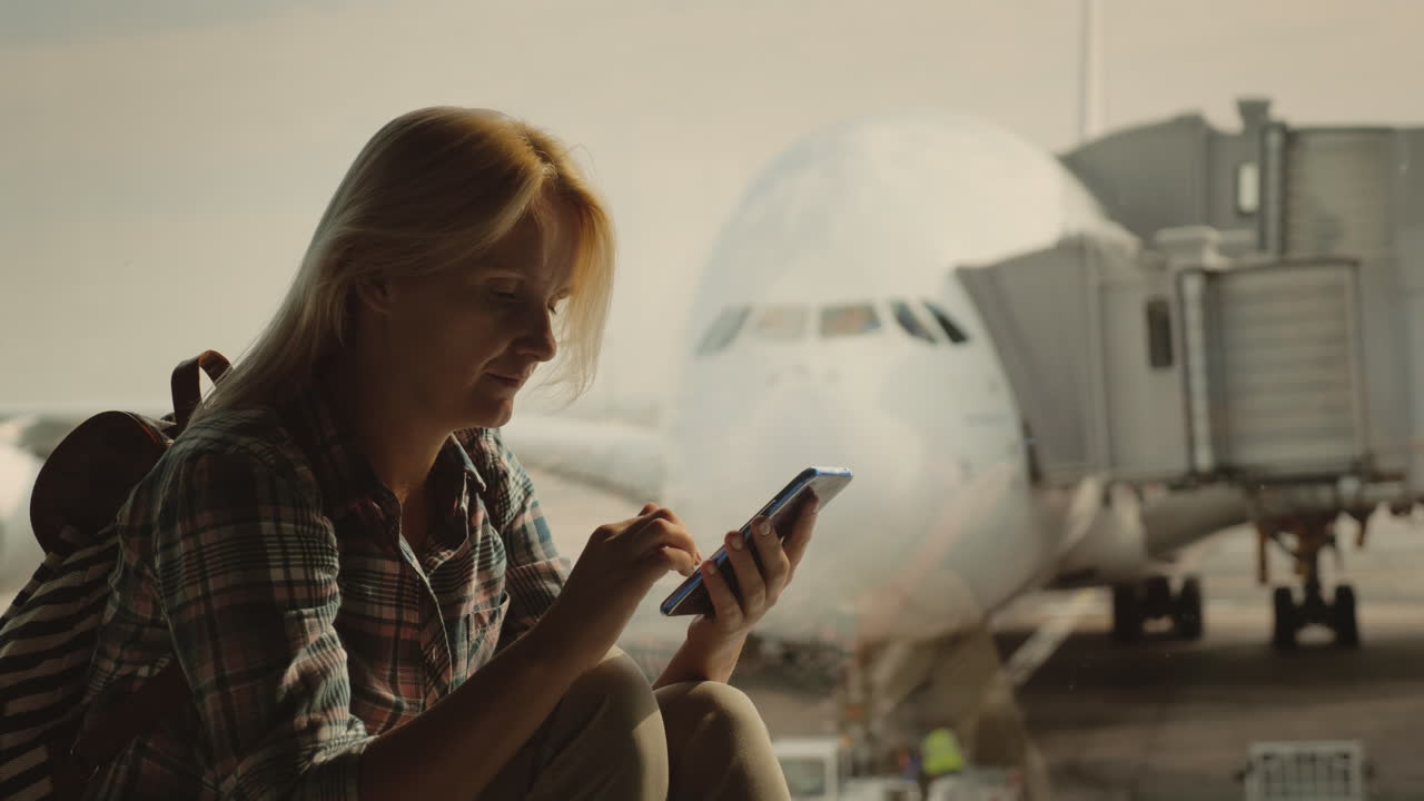 mujer viajera usa un teléfono inteligente en la terminal del aeropuerto en el fondo de un gran avión fuera