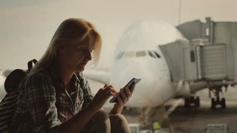 Woman-Traveler-Uses-A-Smartphone-In-The-Airport-Terminal-On-The-Background-Of-A-Large-Airliner-Outsi