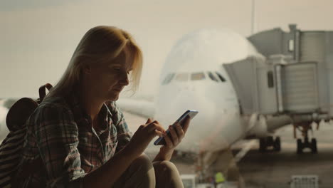 woman traveler uses a smartphone in the airport terminal on the background of a large airliner outsi