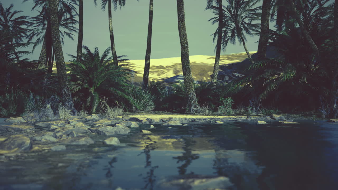 Tranquil oasis surrounded by palm trees under a soft golden light at dusk