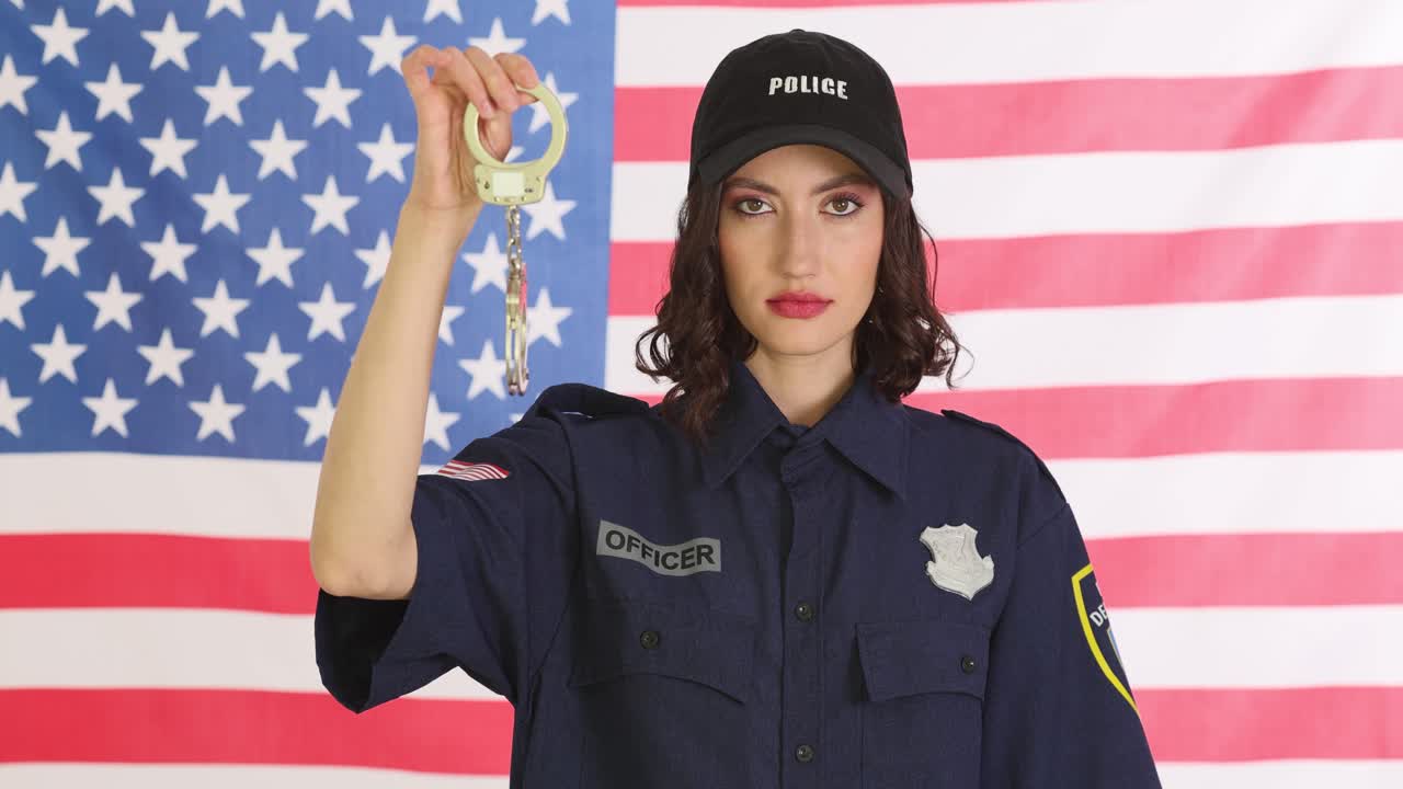 Female police officer holding handcuffs in front of an American flag