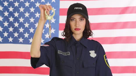 female police officer holding handcuffs in front of an american flag