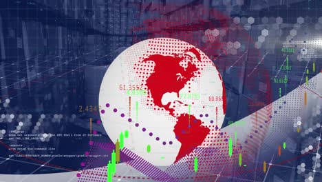 animation of globe and digital interface over warehouse