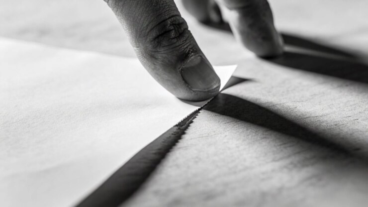 Polpastrello che si avvicina all'inizio di una piega, premendo e scorrendo, aprendo carta a zigzag e proiettando un'ombra.