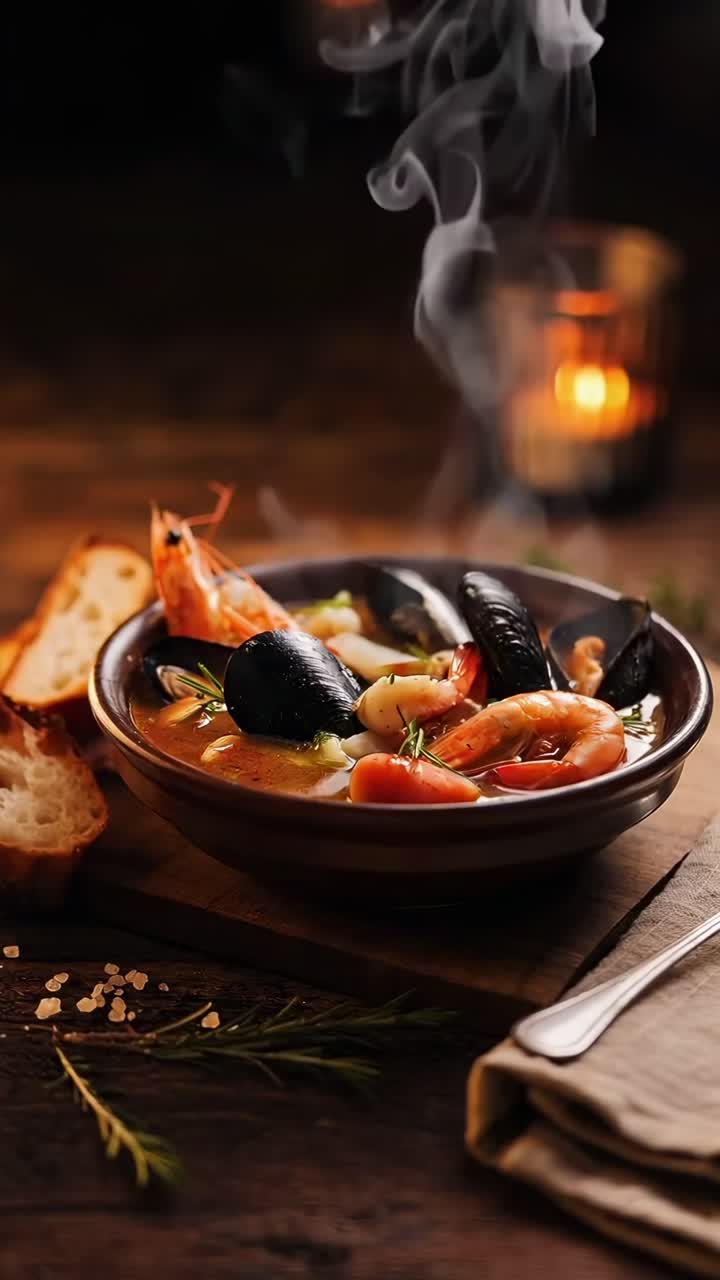 Zuppa di pesce calda in una ciotola rustica, scattata da una angolazione bassa. Concept video accogliente e invitante