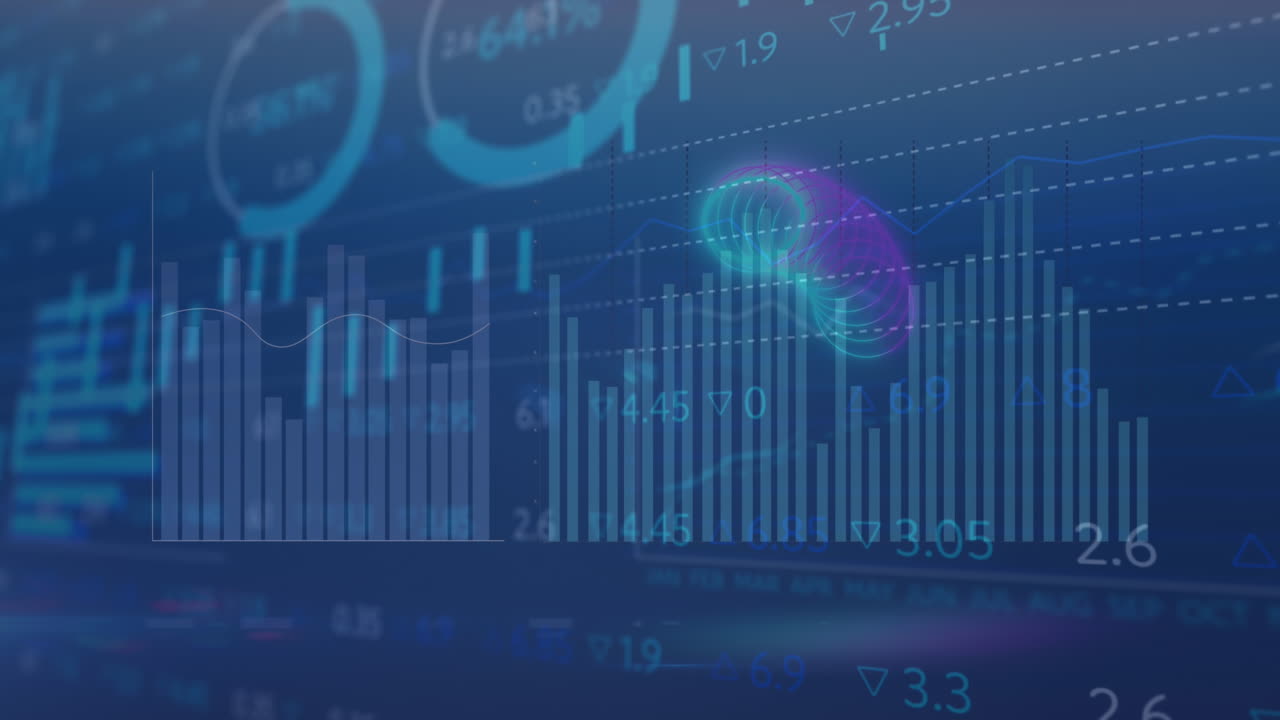 Animation of neon spring shapes moving over statistical data processing against blue background