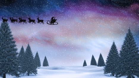 Animation-of-snow-falling-on-santa-claus-in-sleigh-being-pulled-by-reindeers-over-winter-landscape